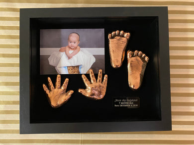 10 x 12” SOLID WOOD SHADOWBOX - PERSONALIZED BRONZE HANDPRINT & FOOTPRINT - 4 BRONZED PIECES