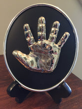 PERSONALIZED SILVER HANDPRINT AND/OR FOOTPRINT ON  BLACK/SILVER OVAL FOR BABIES