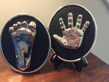PERSONALIZED SILVER HANDPRINT AND/OR FOOTPRINT ON  BLACK/SILVER OVAL FOR BABIES