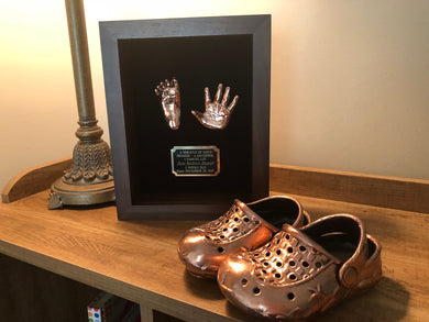 8 x 10” SOLID WOOD SHADOWBOX - PERSONALIZED BRONZE HANDPRINT & FOOTPRINT