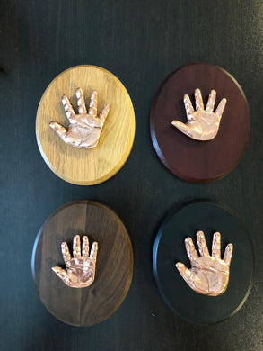 PERSONALIZED BRONZE HANDPRINT AND/OR FOOTPRINT ON  WOOD OVAL FOR BABIES