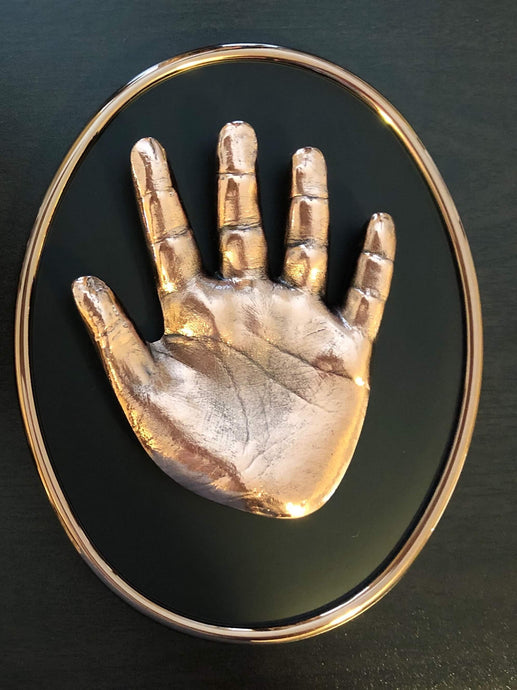 PERSONALIZED BRONZE HANDPRINT ON BLACK OVAL FOR YOUNG CHILDREN