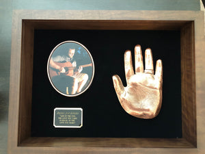 Shadowbox keepsake with bronze hand impression, custom engraving, and photo