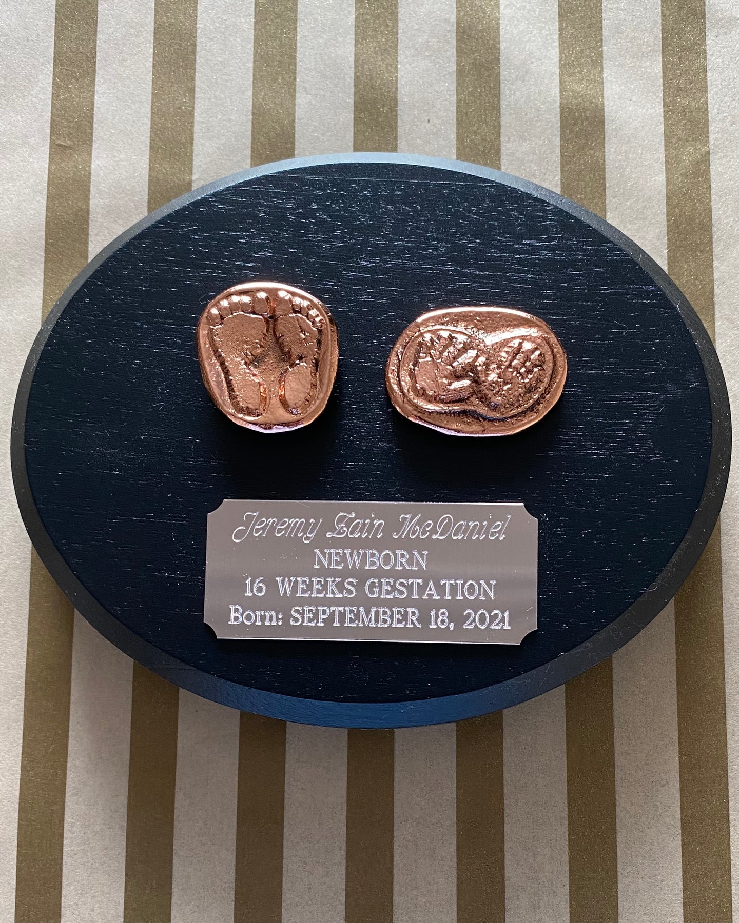 Bronzed hands and feet plaque for deceased or still born babies 